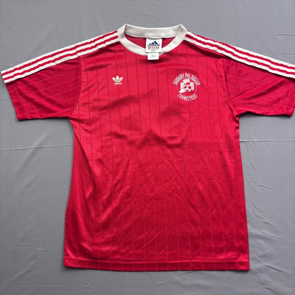 Vintage Adidas Danbury PAL Soccer Jersey Red Pinstripe Trefoil Mens Large 17
